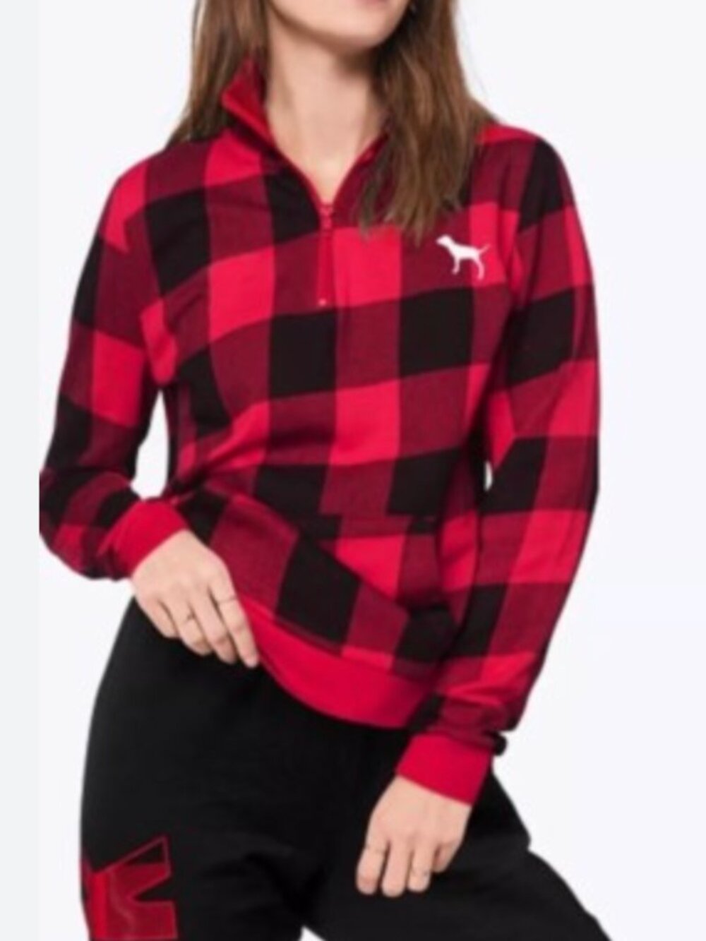 PINK Victoria's Secret Buffalo Plaid Quarter Zip Pullover Sweatshirt Red Black M